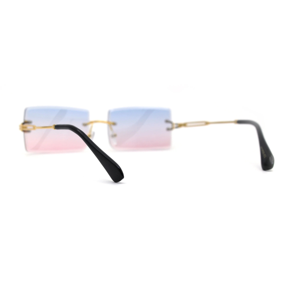 Luxury Rimless Rectangle Sunglasses – Hippie Style with Beveled Lenses in Gold, Blue & Pink