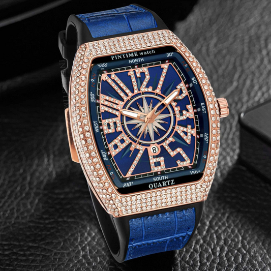 Pintime Luxury Men’s Crystal Watch – Iced Out Diamond Hip Hop Style with Blue Dial
