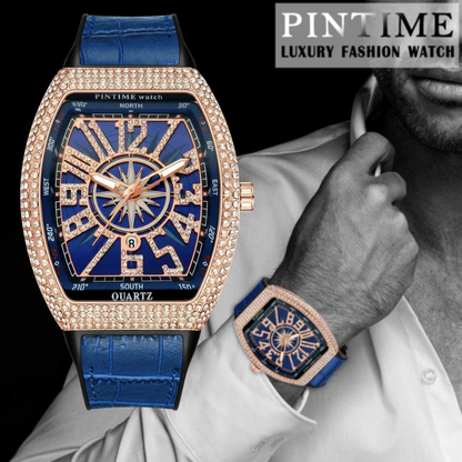 Pintime Luxury Men’s Crystal Watch – Iced Out Diamond Hip Hop Style with Blue Dial