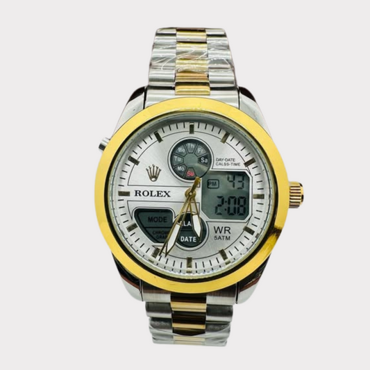 RLX Chain Watch – Dual Analogue & Digital Display in Silver, Gold & White