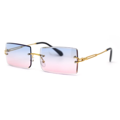 Luxury Rimless Rectangle Sunglasses – Hippie Style with Beveled Lenses in Gold, Blue & Pink