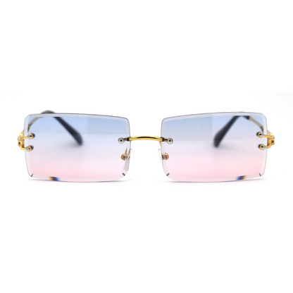 Luxury Rimless Rectangle Sunglasses – Hippie Style with Beveled Lenses in Gold, Blue & Pink