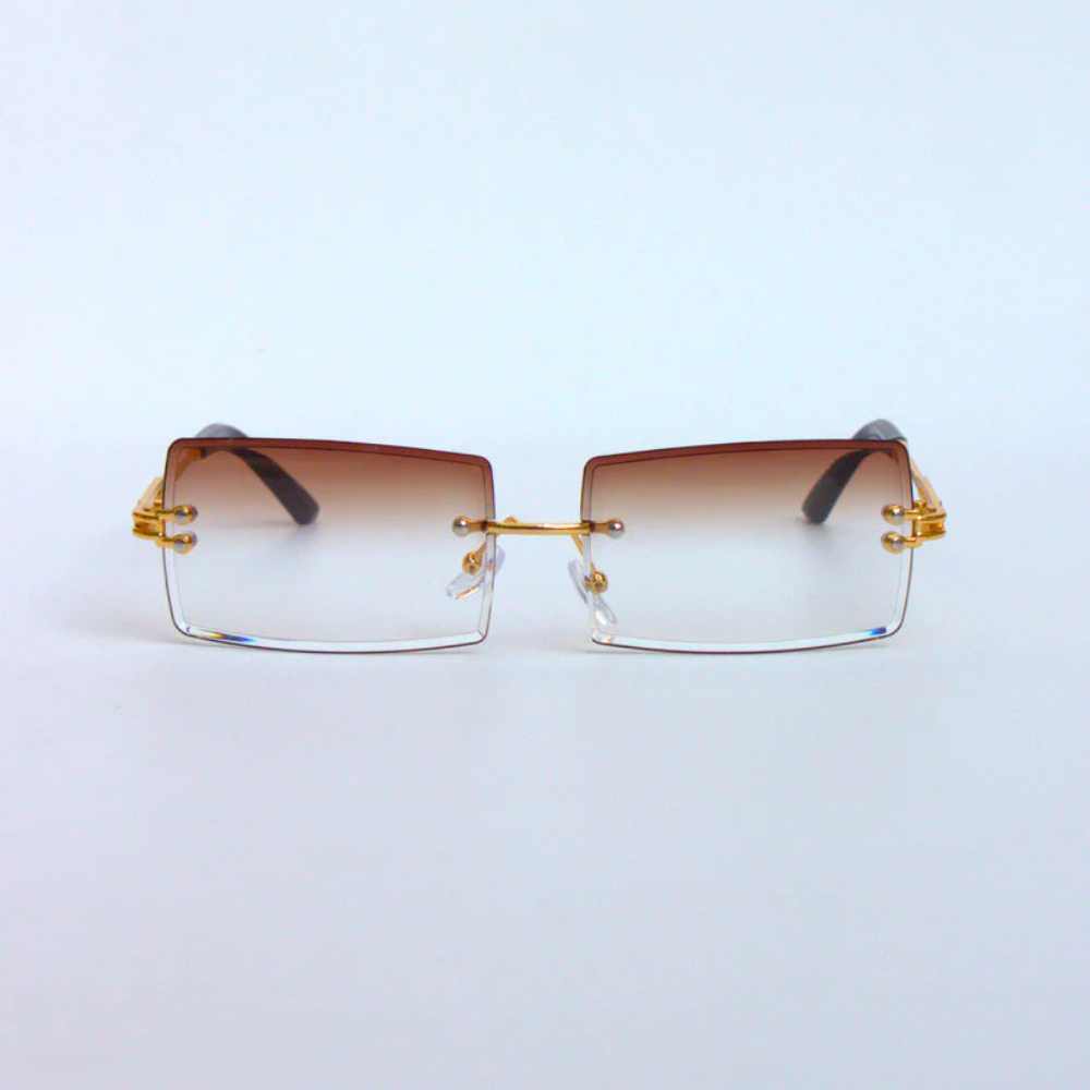 Brown Gradient Rectangular Rimless Sunglasses – Three-Piece Design