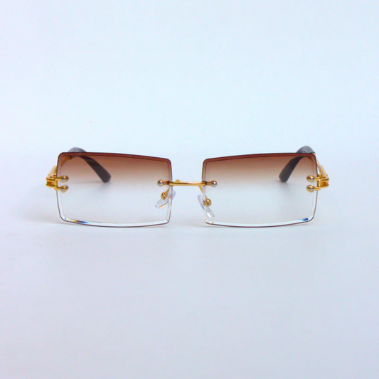 Brown Gradient Rectangular Rimless Sunglasses – Three-Piece Design