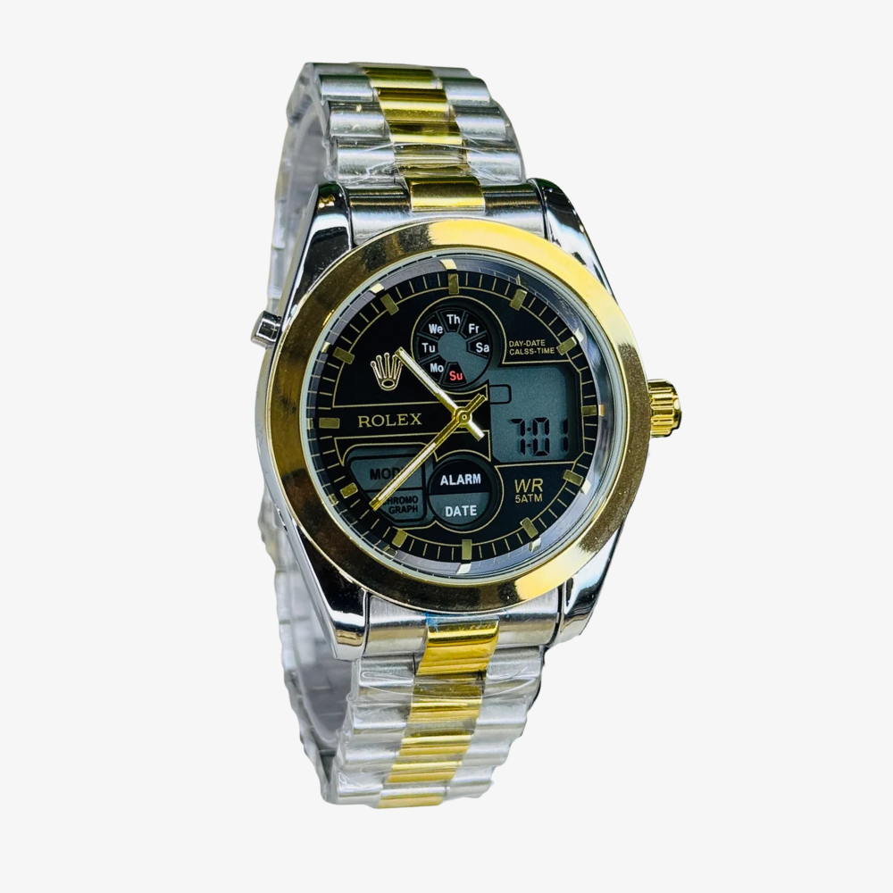 Luxury Two-Tone Dual Time Watch with Bold Black Dial