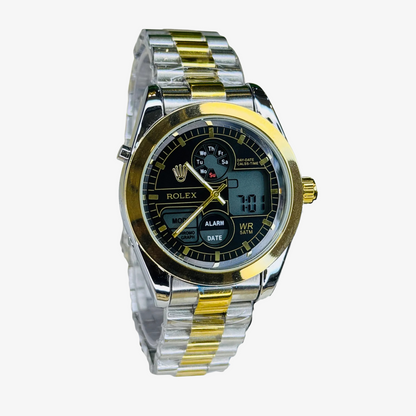Luxury Two-Tone Dual Time Watch with Bold Black Dial