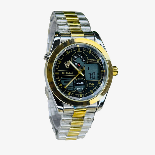 Luxury Two-Tone Dual Time Watch with Bold Black Dial