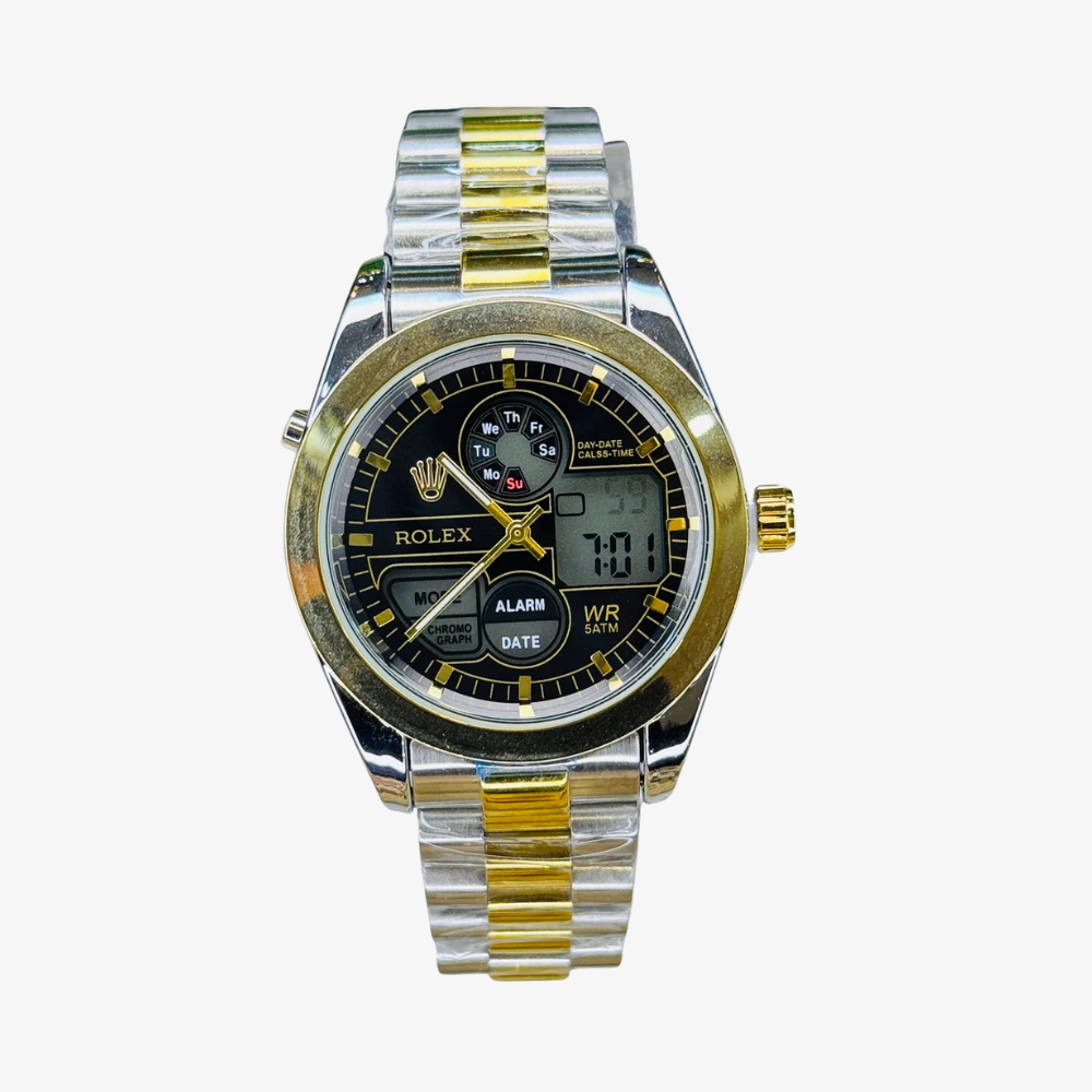 Luxury Two-Tone Dual Time Watch with Bold Black Dial